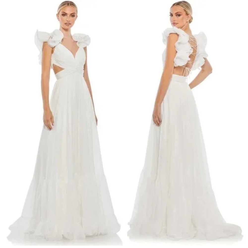 Mac Duggal White Ruffle Rosette Tiered Cut Out Chiffon 67911 Maxi Dress Wedding